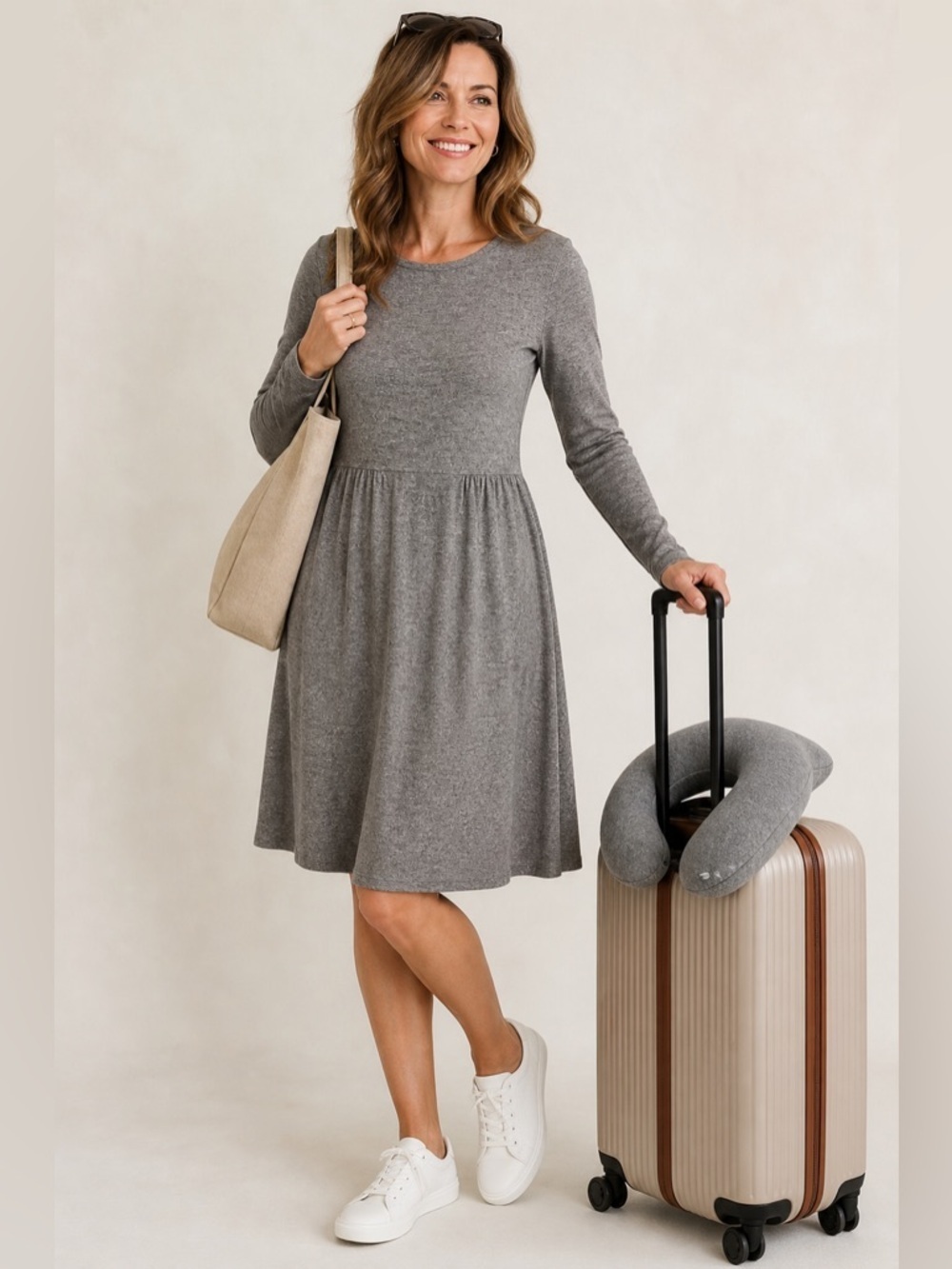 J. Jill Wearever Gray Knit Fit & Flare Dress XS Long Sleeve Stretch Travel